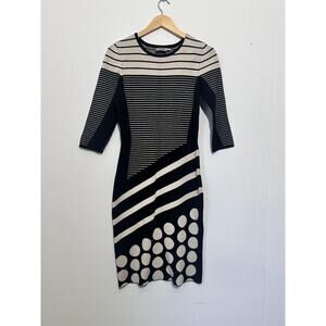 J. Taylor Sweater Dress Womens Medium Black Striped‎ Polka Dot Knit 3/4 Sleeve
